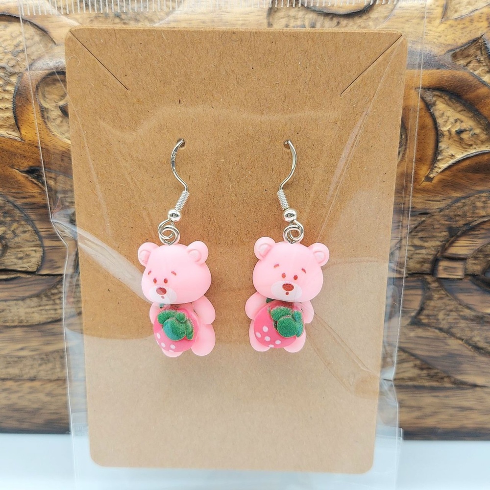 3D Pink Bear Earrings with Strawberry Cottage